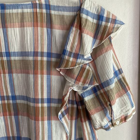 Madewell V Neck Shoulder Ruffle Top in Plaid - Picture 11 of 16
